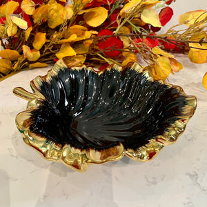 Ceramic Plate Gold and Black Leaf Shape Bowl for Fruits or Decor with Gold Lining