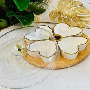 Serving Tray Kitchen Bamboo Rotating Tray White Heart Shape Ceramic Bowls with Gold for Fruits Snack Organizers Multi Sectional Serving Plate