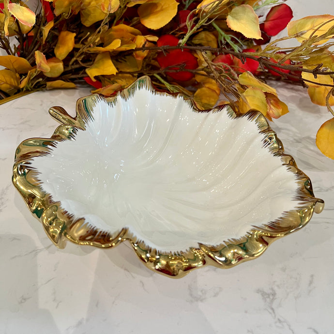 Ceramic Plate Gold and White Leaf Shape Bowl for Fruits or Decor in Pure White with Gold Lining