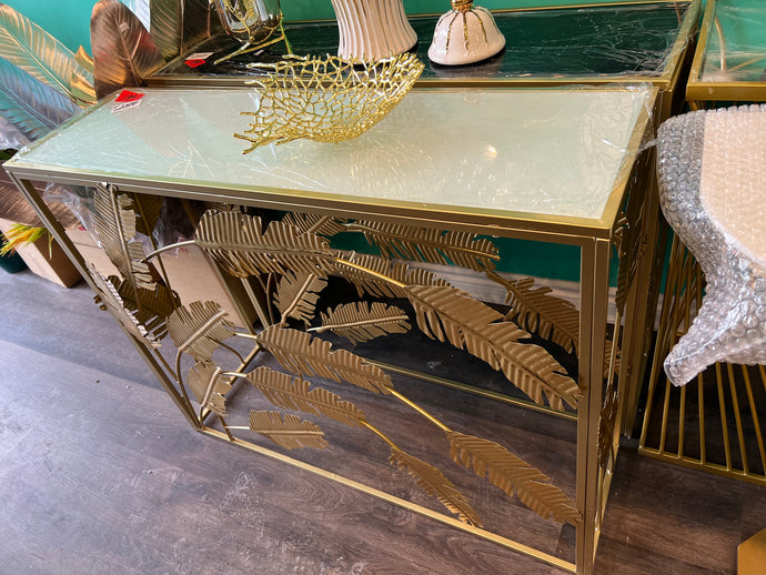 Console Table in Gold with a white Mirror Top with Leaf Design Decorated Entrance Table