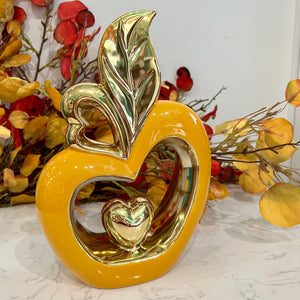 Apple Shape Heart Decor Centre Piece Sculpture in Orange and Gold Ceramic Modern Decor for Tabletop, Available in Two Sizes (PRICE FOR ONE PIECE)