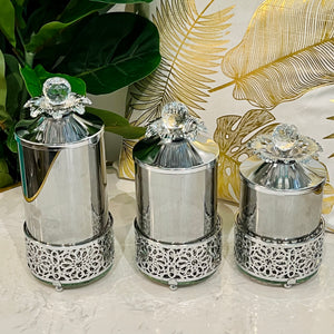 Glass Jars with Lid Decorated Silver Organizers for Kitchen, Bedroom or Living Room Use Storage Jars for Home Decor (Available in Three Sizes - ONE PIECE INCLUDED)