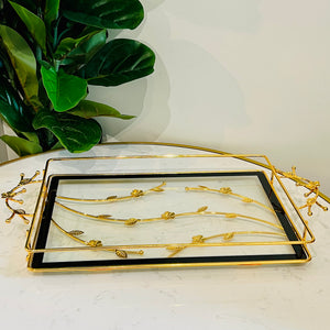 Tray Rectangle Metal Serving Tray Textured and Unique with Gold OR Silver Flowers and Black and Clear Glass