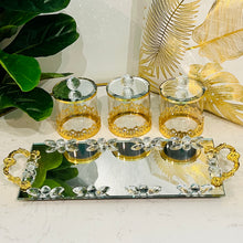 3-Pieces Glass Jars Set with Crystal Lid and Metal Handle Tray Included Decorated Storage Jars Set Gold OR Silver Organizers High Quality for Kitchen, Bedroom or Living Room Use