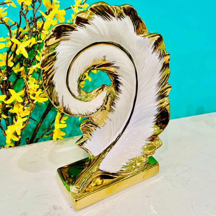Sculpture Feather Centre Piece in Gold and White Ceramic