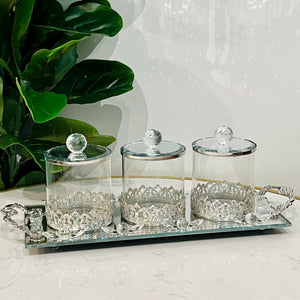 3-Pieces Glass Jars Set with Crystal Lid and Metal Handle Tray Included Decorated Storage Jars Set Gold OR Silver Organizers High Quality for Kitchen, Bedroom or Living Room Use
