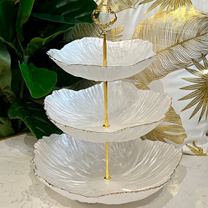 Three Tier Glass Plate High Quality Decorative 3-Tier Serving Bowl in Pure White with Gold