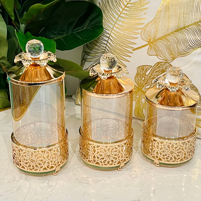 Glass Jars with Lid Decorated Gold Organizers for Kitchen, Bedroom or Living Room Use Storage Jars for Home Decor (Available in Three Sizes - ONE PIECE INCLUDED)