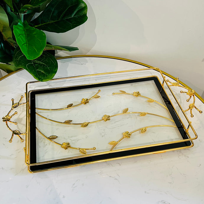 Tray Rectangle Metal Serving Tray Textured and Unique with Gold OR Silver Flowers and Black and Clear Glass