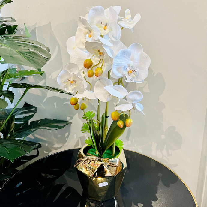 Plant Pot Gold Artificial Floral Plant Real Touch White Flower in Gold Ceramic Geometric Mirrored Planter