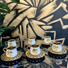 Turkish Coffee Cups Set of Six with Plates Hot Drink Cups with Tray Ceramic Luxury Looking Coffeecup Set 6-Pieces