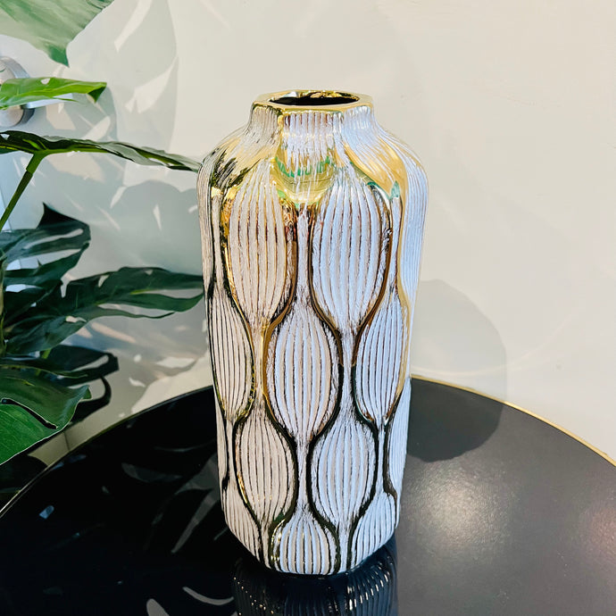 Vase Ceramic Grey with Gold Shades Geometric Cylinder Modern Flower Vase Home Decor Tabletop Accessories Available in TWO SIZES