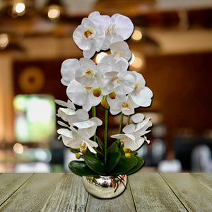 Plant Pot White Artificial Orchid Flower Silver Plant Pot Floral Real Look Plant Real Touch White Flower Ceramic Planter