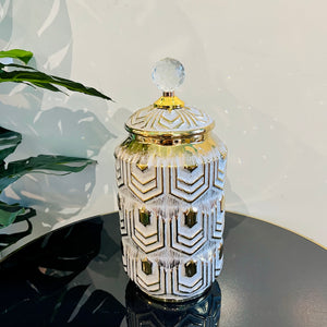 Vase with Cover Ceramic Grey with Gold Shades Geometric Cylinder Flower Vase Home Decor Tabletop Accessories Available in TWO SIZES