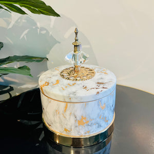 Condiment Large Container with Cover White Grey and Gold Marble Look Ceramic for Tabletop Kitchen Counter Powder Room Home Decor
