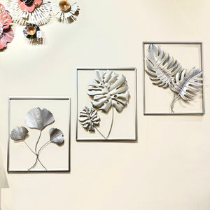 Wall Décor in SILVER & Black Metal of Flowers & Leaves Set of Three