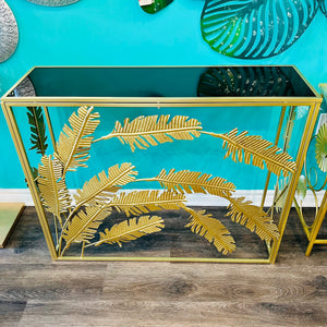 Console Table in Gold with a black Mirror Top with Leaf Design Decorated Entrance Table