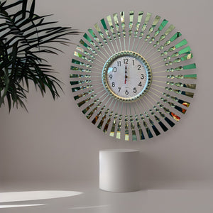 Wall Clock SILVER with Mirrors Handcrafted Decorative Steel & Crystal Modern Silent Move Wall Clock