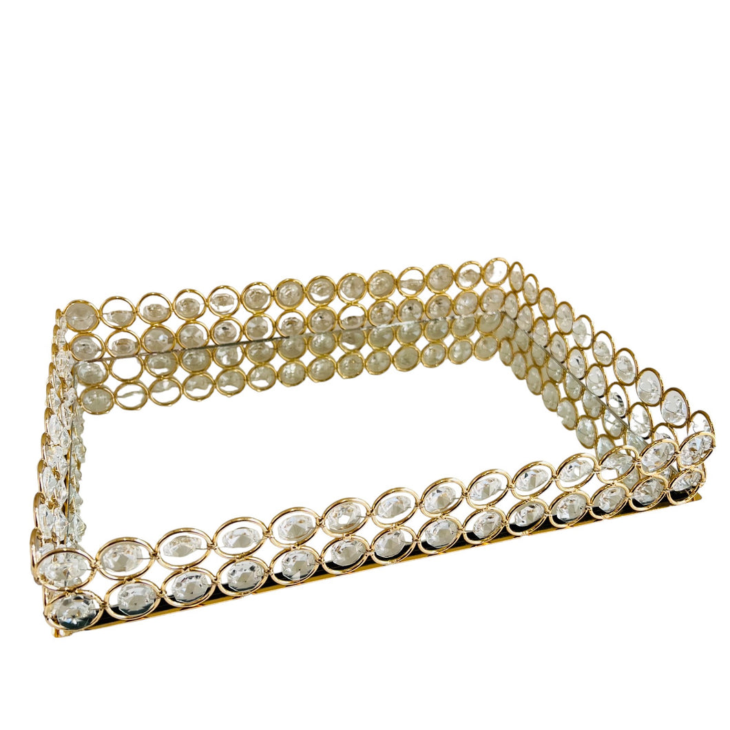 Tray Metal Rectangular Round Crystals in Gold/Silver with Mirrored Glass Base