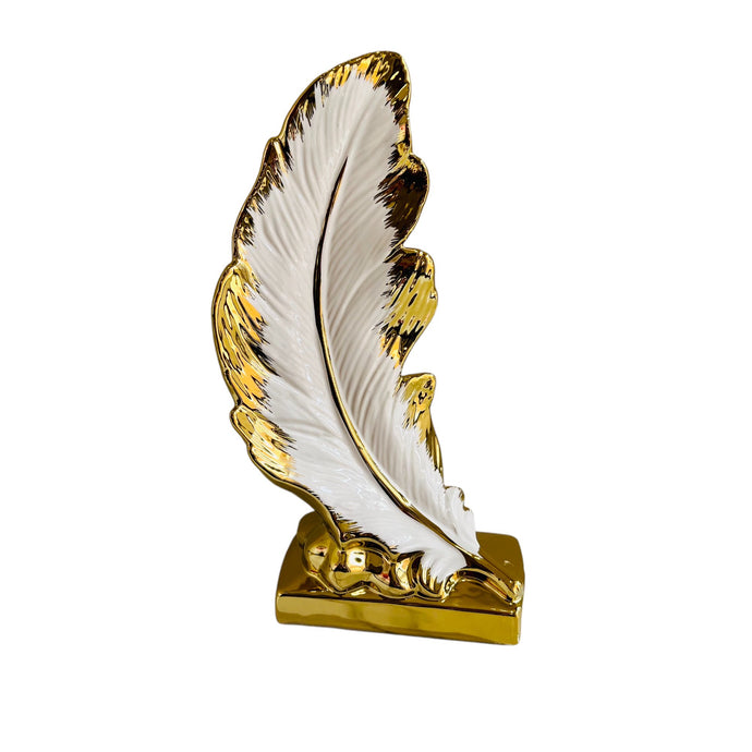 Feather Sculpture Centre Piece in Gold and White Ceramic