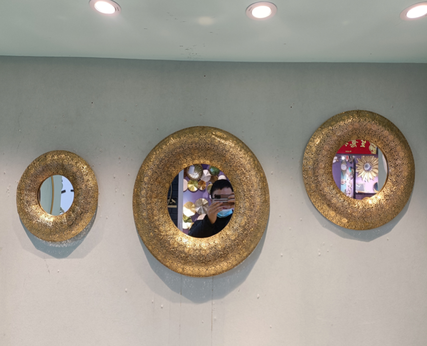 Mirror Handcrafted Modern Set of Three Gold Decorated Round Wall Metal Mirror Glass