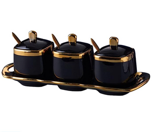 3pcs Condiment Jars Set with Lid Gold Bowls Decorative Black Jars for Sugar or Kitchen Spice with Spoon Containers with Plate