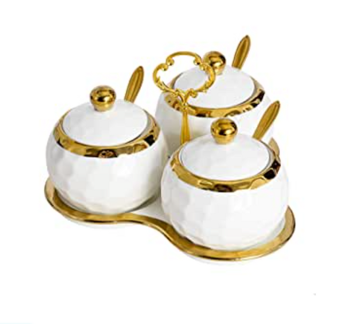 3pcs Condiment Jars Set with Lid Gold Bowls Decorative White Jars for Sugar or Kitchen Spice with Spoon Containers with Plate