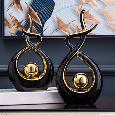 Sculpture Centre Piece Abstract in Gold Black Ceramic Modern Decor for Tabletop, Set of Two
