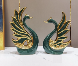 Swan Centre Piece Sculpture in Green and Gold Ceramic Modern Decor for Tabletop, Available in Two Sizes