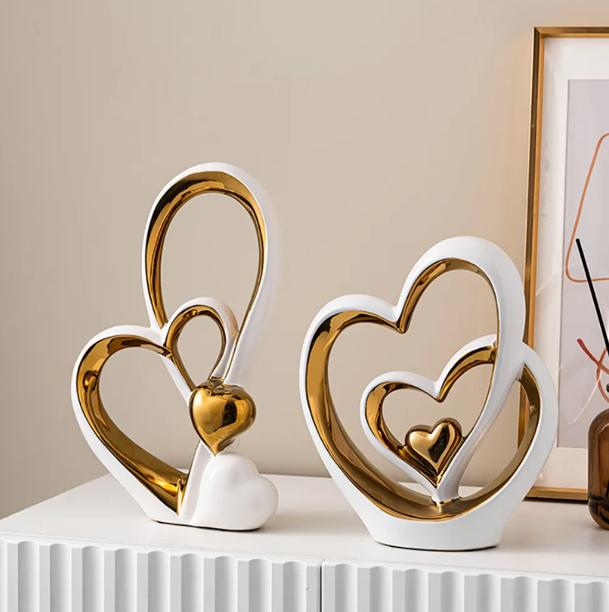 LOVE Shape Centre Piece Sculpture in White and Gold Ceramic Modern Decor for Tabletop, Available in Two Styles