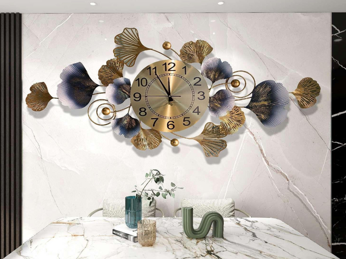 Wall Clock Gold Metal with BLUE and GREY Large HORIZONTAL Modern Décor