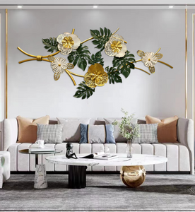 Wall Decor Floral 5 ft Large Gold Metal with Green and Off-white Gradient Flower Wall Art