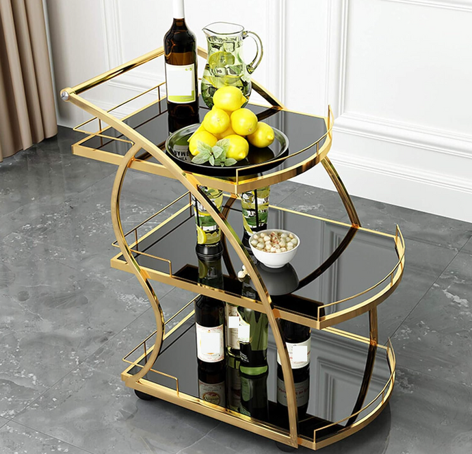 Three Layer Cart Gold Stainless Steel Frame Service Trolley 3-Tier with Wheels for Home Decor Office Hotel Parties