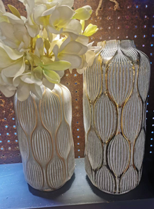 Vase Ceramic Grey with Gold Shades Geometric Cylinder Modern Flower Vase Home Decor Tabletop Accessories Available in TWO SIZES
