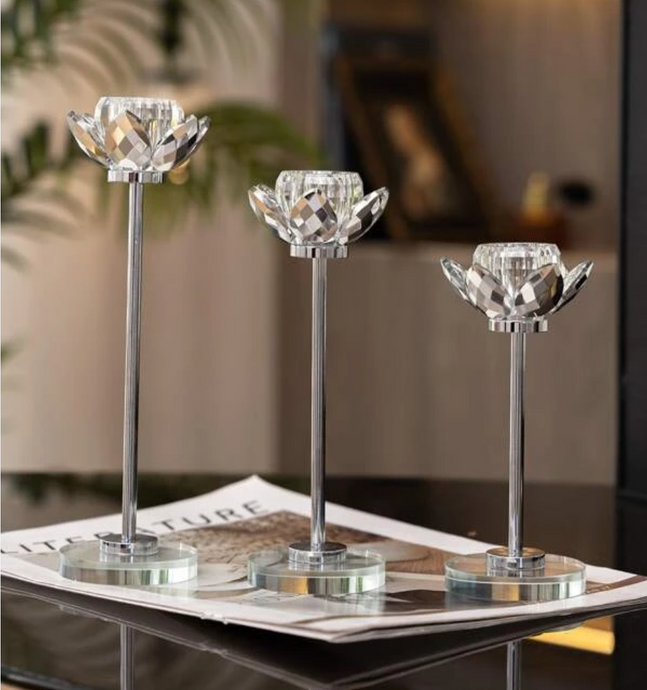 Candle Holders Set of Three Small Cute Luxury Crystal Diamond Shaped Tea-light Holder in Gold OR Silver Set 3-Pieces