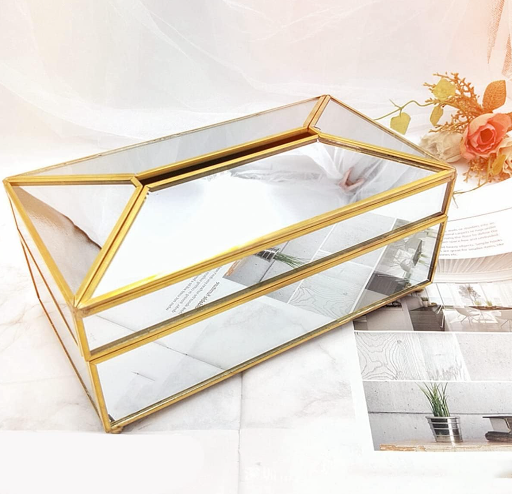 Tissue Box Clear Glass Tissue Holder with Golden Metal Centre Piece Tabletop for Living Room, Bedroom, Offices