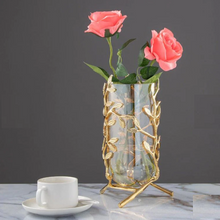 Vase Sculpture Gold Leaf Metal Copper Plated Glass Flower Vase Centre Piece for Home Decor in Gold