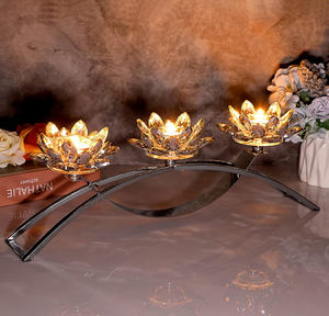 Tea-light Candle Holder 3 Arms Luxury Crystal Hallow Lotus Decorated Centrepiece in Silver