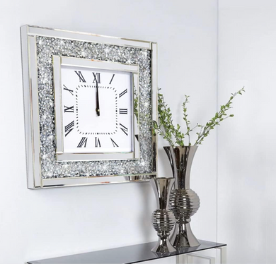 Wall Clock Crushed Crystal Roman Number Luxury Mirrored Square Clock in Silver OR Gold