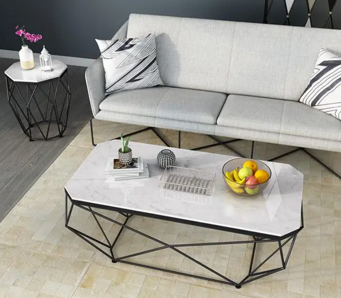 Coffee Table High Fashion Stainless Steel BLACK Base with White Marble-look WOOD Top Luxury Centre Table
