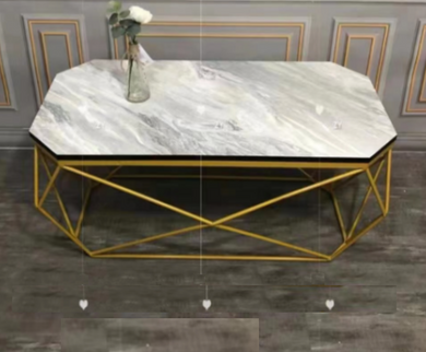 Coffee Table High Fashion Stainless Steel GOLD Base with White Marble-look WOOD Top Luxury Centre Table