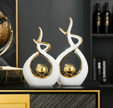 Sculpture Centre Piece Abstract in Gold White Ceramic Modern Decor for Tabletop, Set of Two