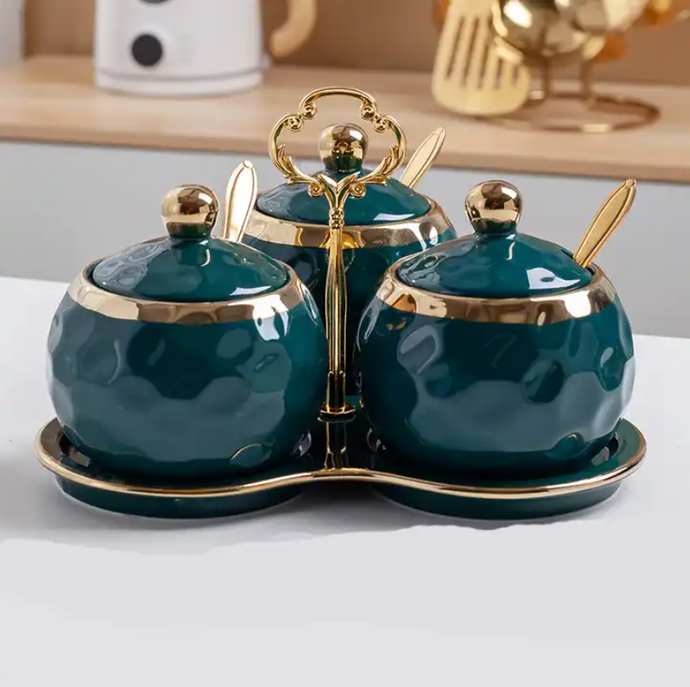 3pcs Condiment Jars Set with Lid Gold Bowls Decorative Green Jars for Sugar or Kitchen Spice with Spoon Containers with Plate