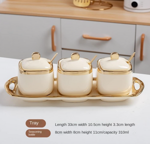 3pcs Condiment Jars Set with Lid Gold Bowls Decorative Off-white Jars for Sugar or Kitchen Spice with Spoon Containers with Plate