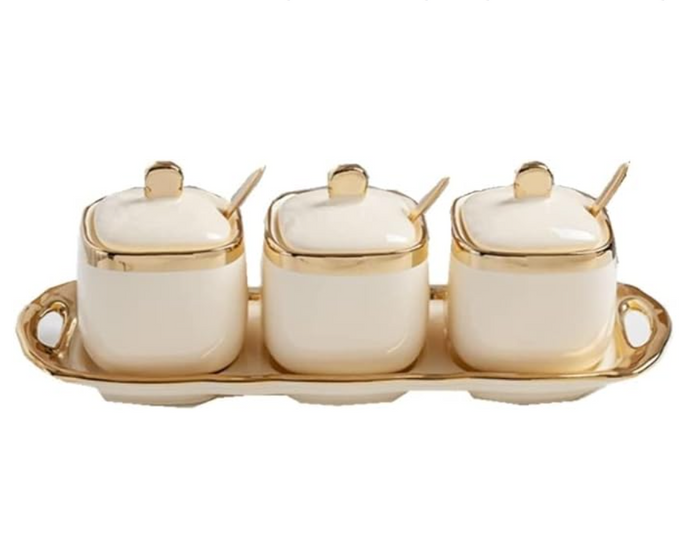 3pcs Condiment Jars Set with Lid Gold Bowls Decorative Off-white Jars for Sugar or Kitchen Spice with Spoon Containers with Plate