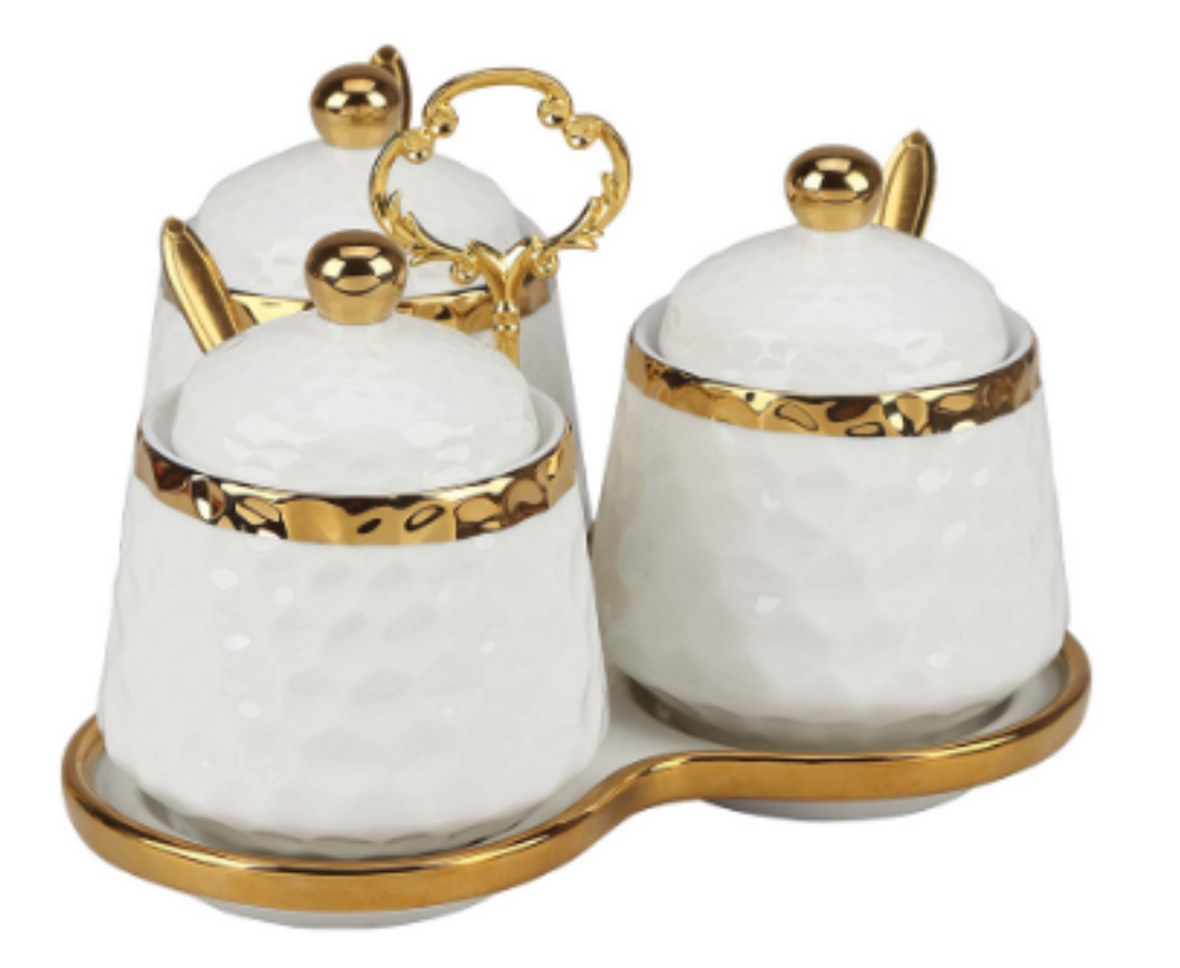 3pcs Condiment Jars Set with Lid Gold Bowls Decorative White Jars for Sugar or Kitchen Spice with Spoon Containers with Plate