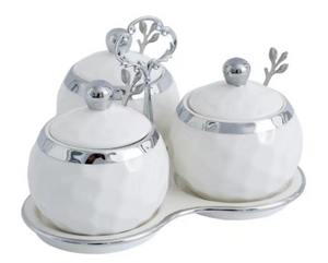 3pcs Condiment Jars Set with Lid Silver Bowls Decorative White Jars for Sugar or Kitchen Spice with Spoon Containers with Plate