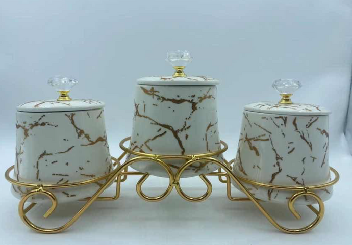 3pcs Condiment Jars Set with Tray Gold Bowls Decorative White Jars for Dried Fruits or Kitchen Spice