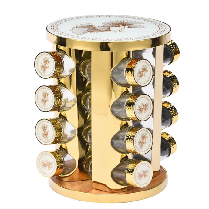 Gold Rotary Seasoning Jar Organizer Seasoning Bottle Decorated Kitchen Seasoning Rack in White and Gold