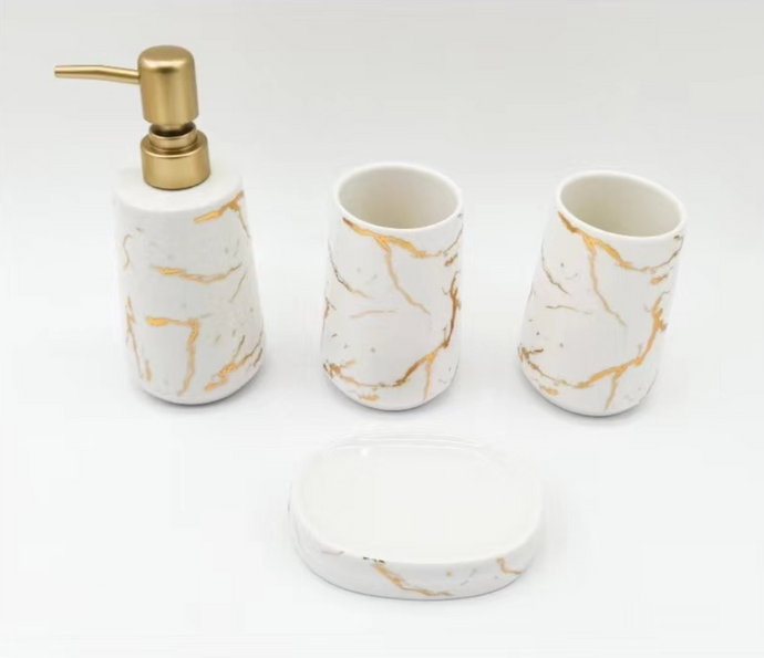 Bathroom Accessories Set, 4 Pieces WHITE with Gold Marble Look Ceramic Bathroom Set with Soap Dispenser, Toothbrush Holder, Toothbrush Cup, Soap Dish